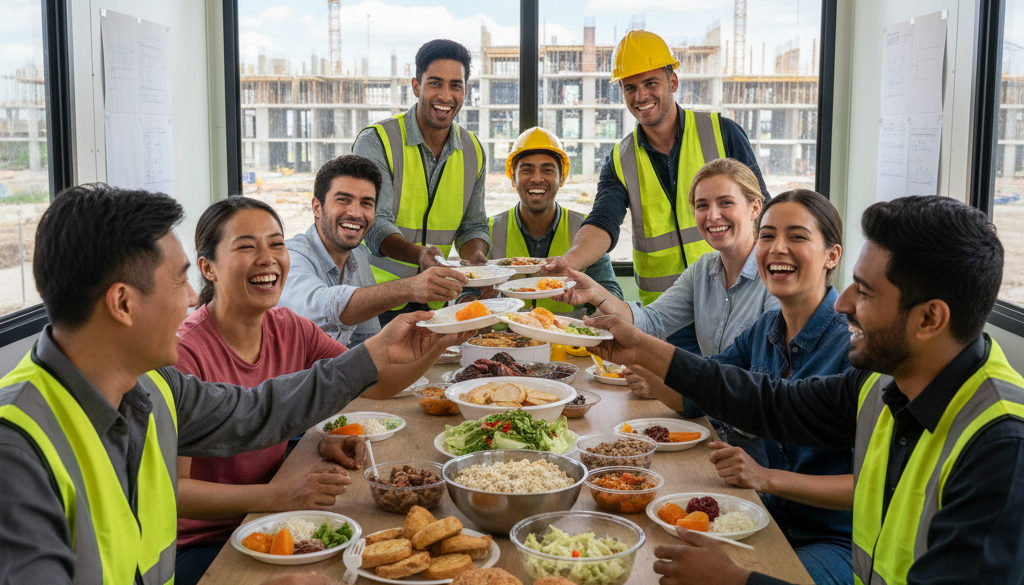 Équipe diverse célébrant et partageant un repas, signe d'intégration réussie.