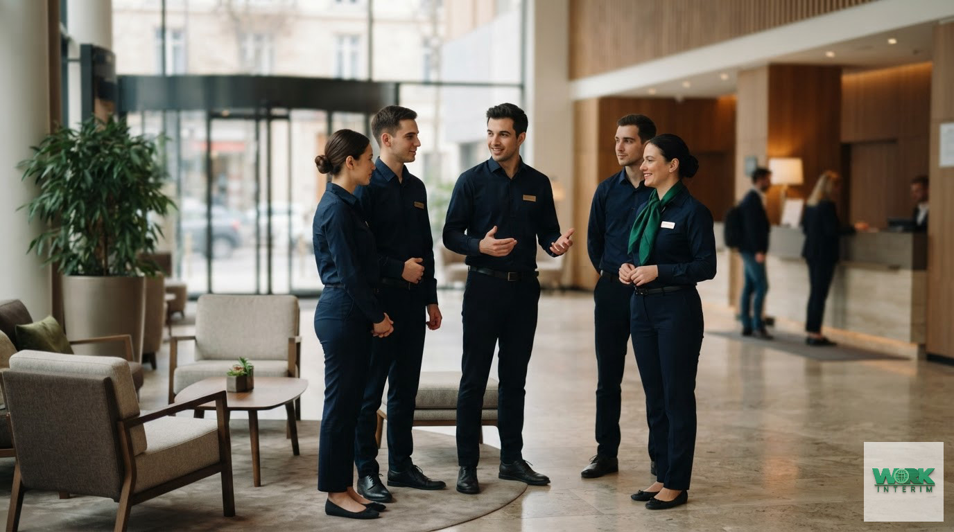 Des employés hôteliers roumains discutant dans le hall d'un hôtel moderne.