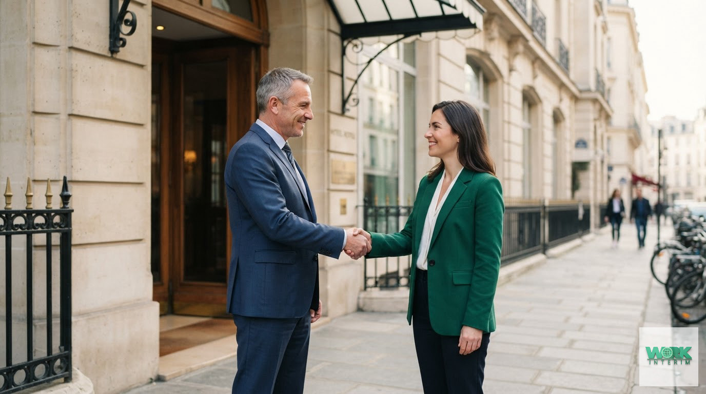 Un directeur d'hôtel et un consultant scellant un partenariat professionnel.