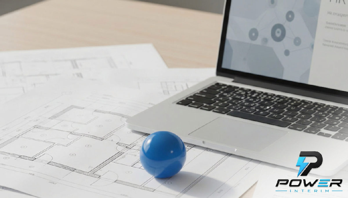 Plans, ordinateur et documents RH pour le recrutement international.