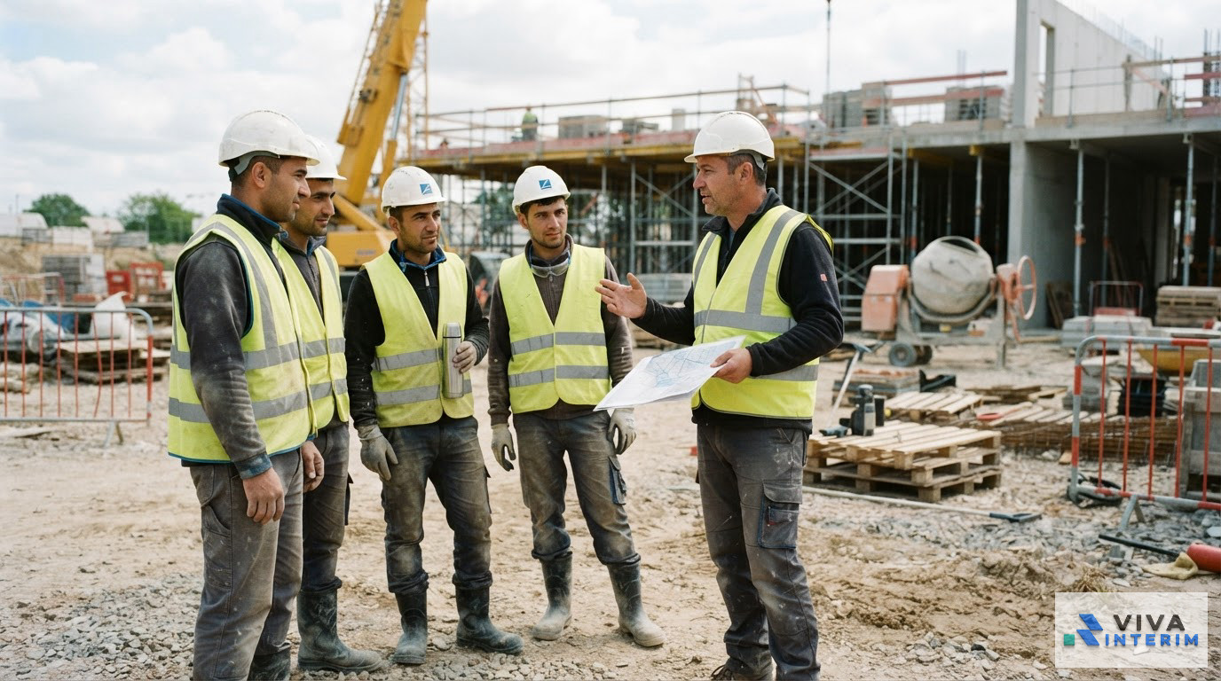 Un groupe de travailleurs roumains en tenue de sécurité sur un chantier.