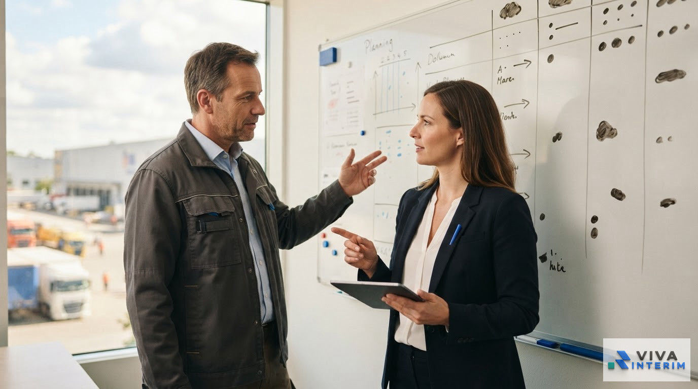 Un gestionnaire et un conseiller discutant devant un tableau de planification logistique.