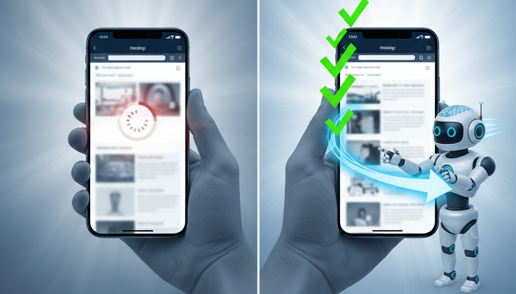 AI instantly improves slow-loading website, shown on phone screen.