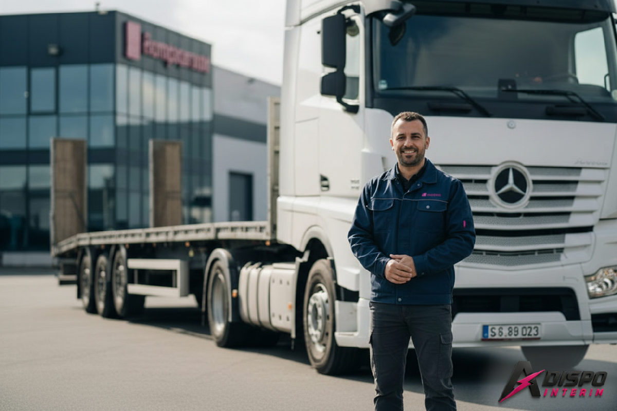 Chauffeur routier roumain devant son camion en France.