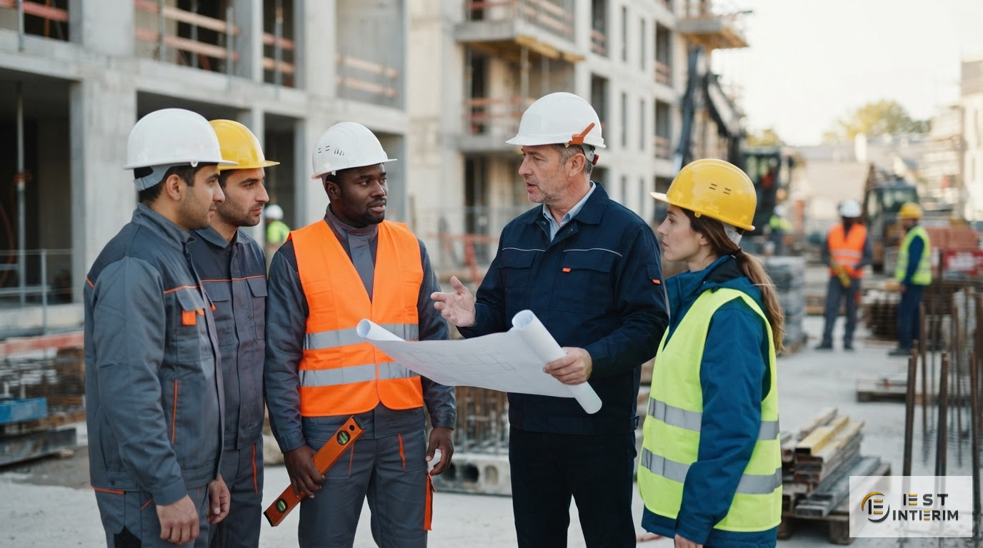Un chef de chantier échangeant avec une équipe portant des équipements de sécurité.