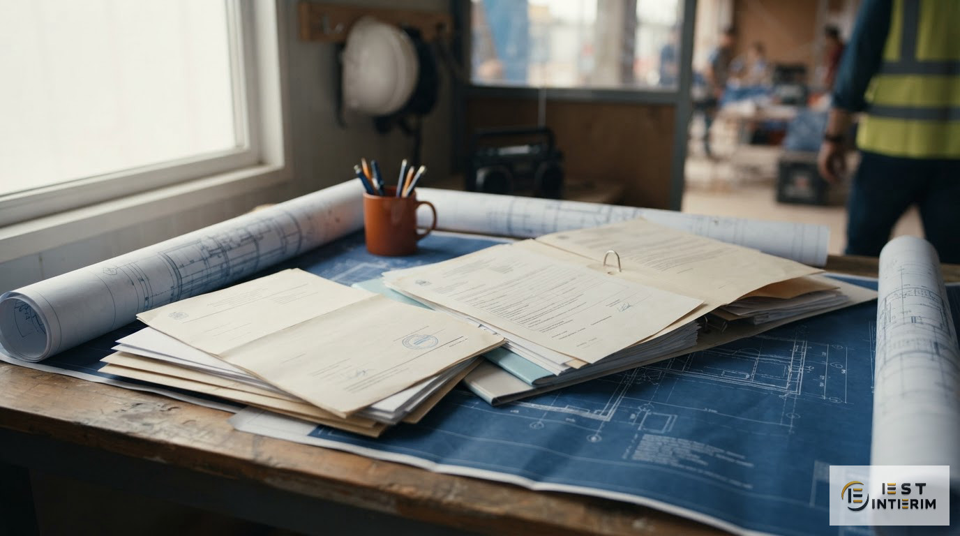 Des documents de conformité légale et des plans posés sur un bureau.