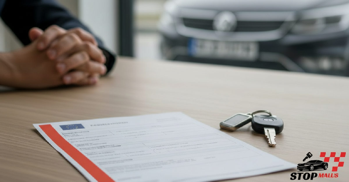 Une personne remplit des documents pour l'immatriculation d'une voiture européenne.