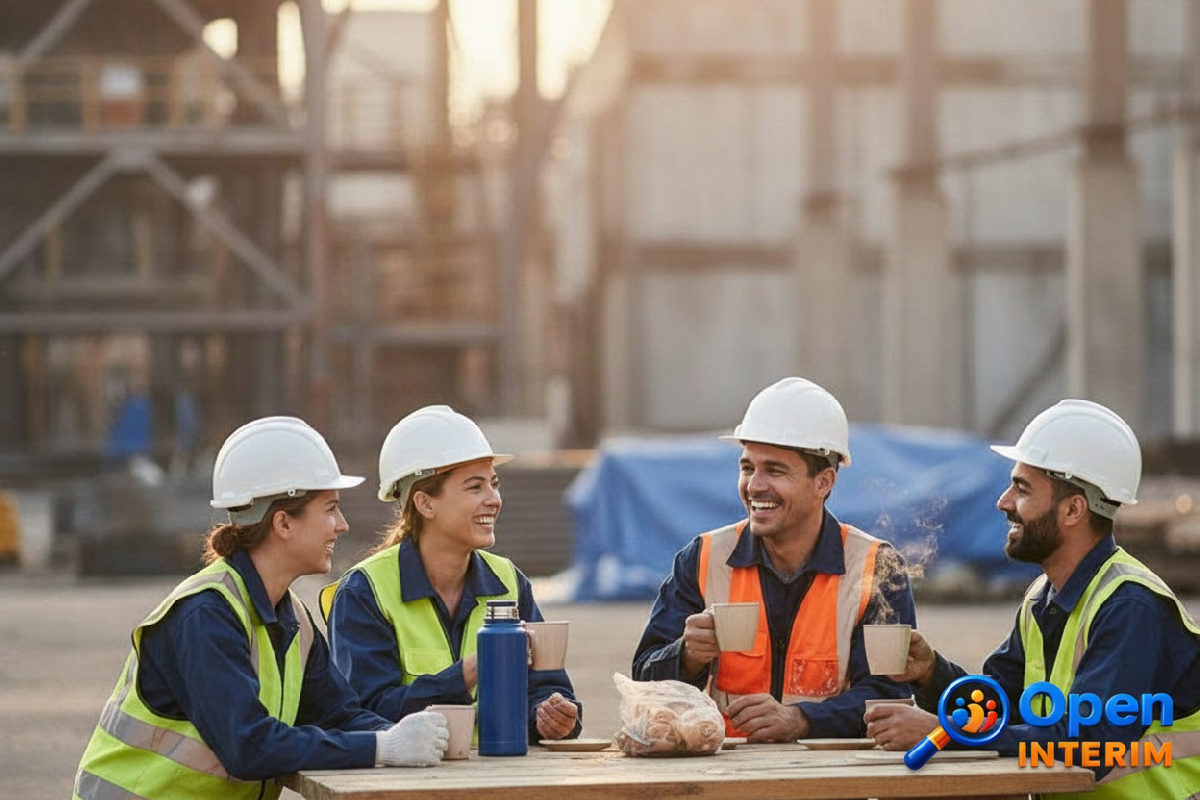 Pause café : travailleurs français et roumains unis sur un site industriel.