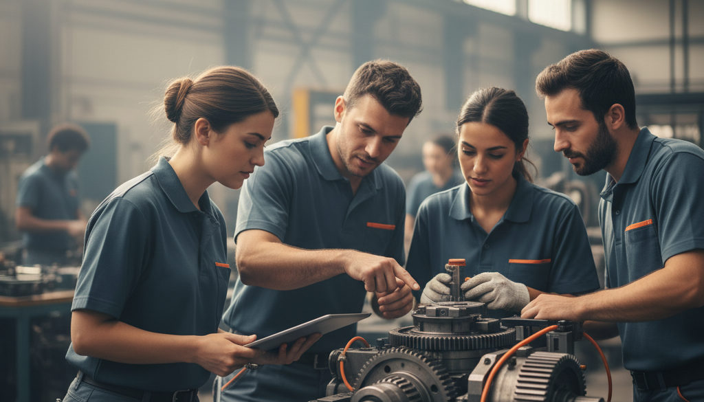 Techniciens français et roumains collaborant sur un projet.