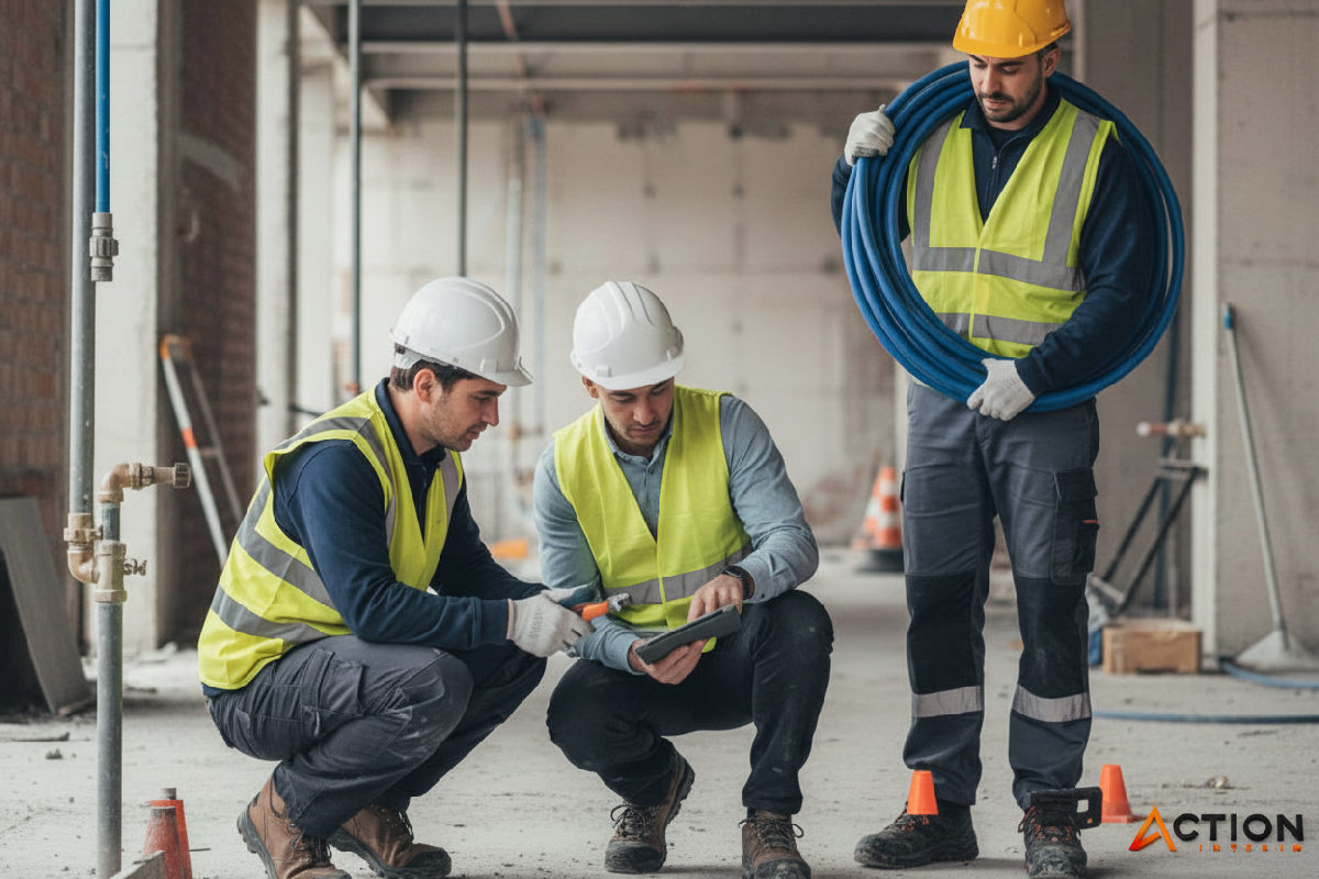 Équipe multiculturelle de plombiers travaillant en harmonie sur un chantier de rénovation.