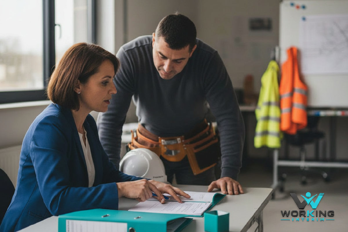 comment recruter intérimaires roumains en France - Recruteur français discutant contrat avec ouvrier roumain sur chantier.