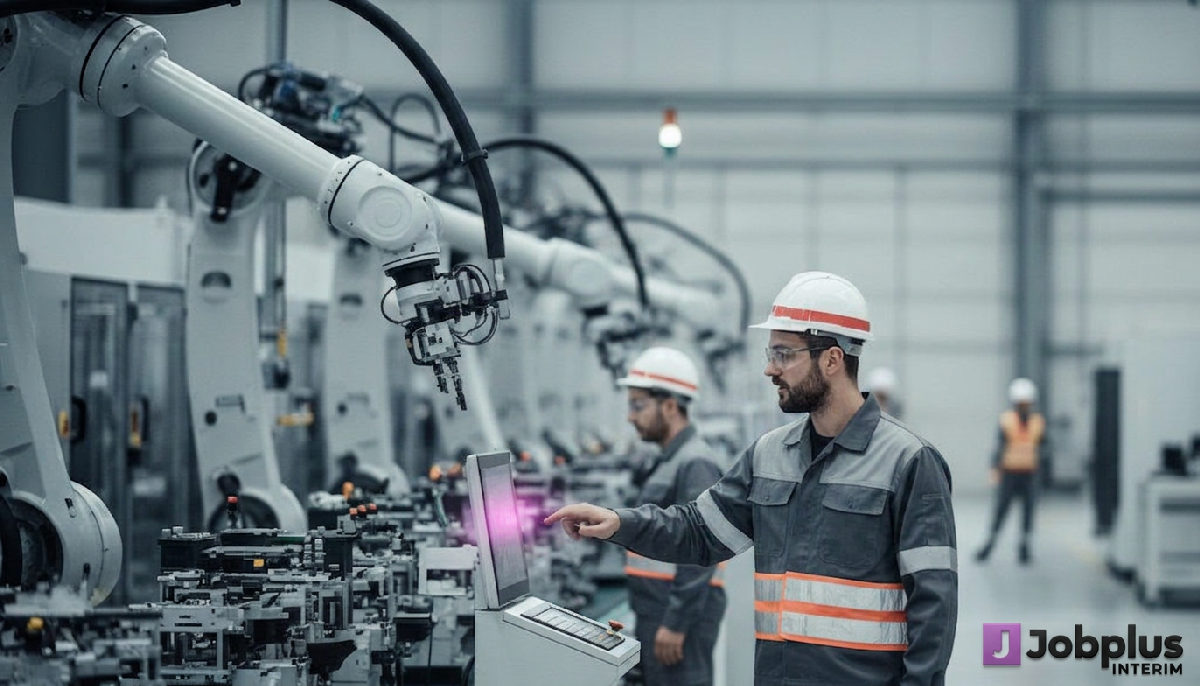 optimisation rh détachement industrie coûts - Ligne de production moderne avec ouvriers, illustrant l'optimisation RH.