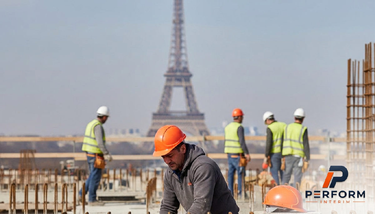 Bâtiment en construction avec des ouvriers travaillant.