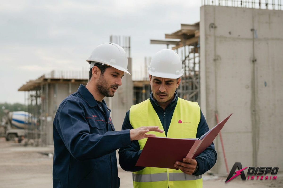 Professionnels examinant un dossier SIPSI sur un chantier en France.