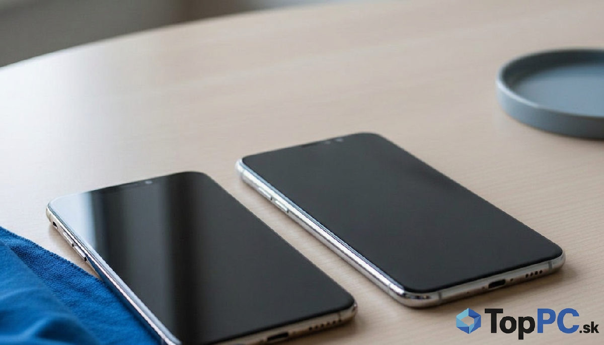repasované smartfóny recenzie – Repasované smartfóny iPhone a Samsung vedľa seba na drevenom stole.
