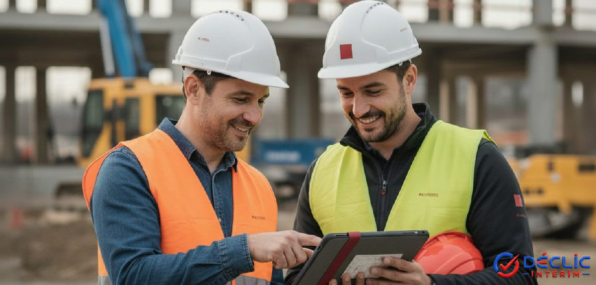 Conducteur de travaux et chef d'équipe discutent sur tablette.