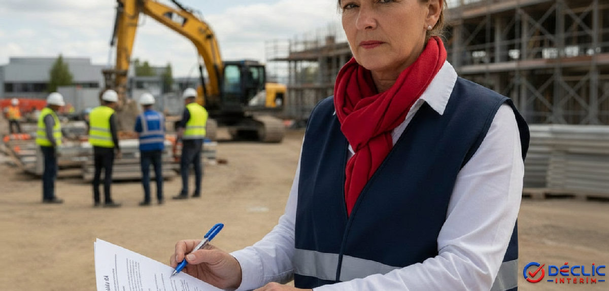 Inspecteur vérifiant contrats et formulaire A1 sur chantier.