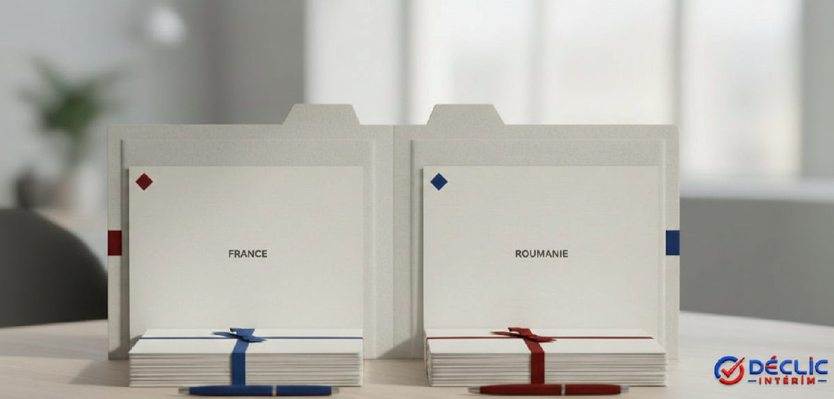 Comparaison des documents d'intérim BTP France et Roumanie.