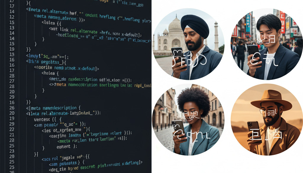 SEO code and diverse users worldwide interacting on smartphones.