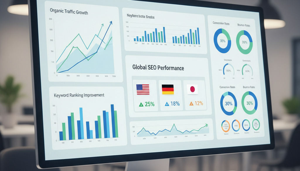 Dashboard showing multilingual SEO performance metrics with national flags.