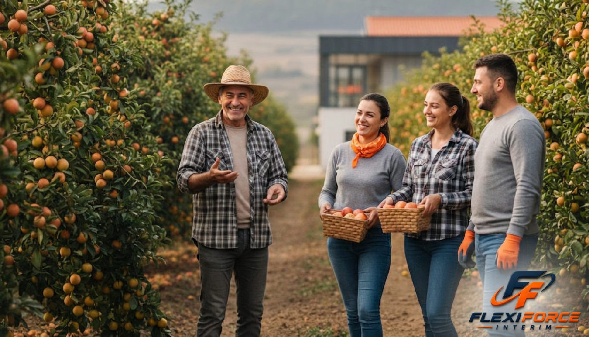 Agriculteur souriant avec son équipe de travailleurs agricoles roumains.