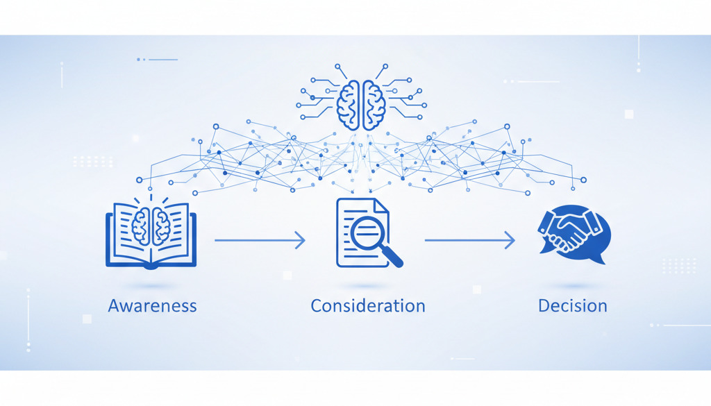 AI personaliserer innhold langs en kundereise fra bevissthet til beslutning.