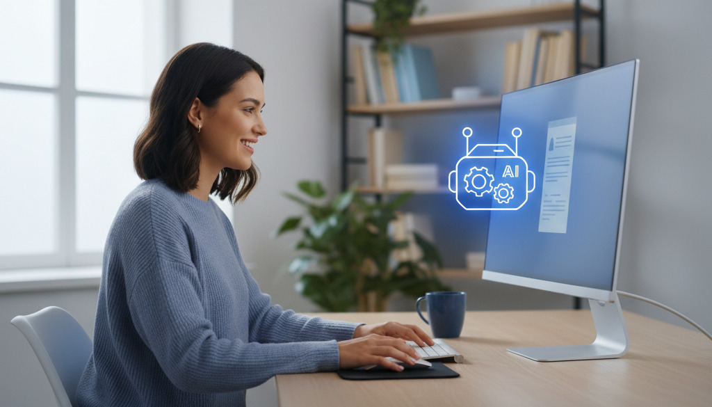 Person som samarbeider med en AI-bot mens de jobber på en datamaskin ved et skrivebord.