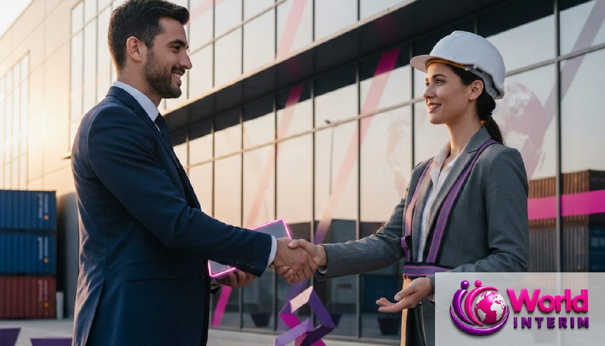 Consultant et chef d'entreprise devant un entrepôt.