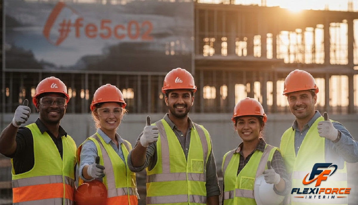 Travailleurs qualifiés souriants sur un chantier, symbole de main-d'œuvre internationale.