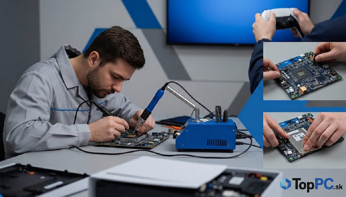 Technik opravuje základnú dosku PS5 spájkovačkou.