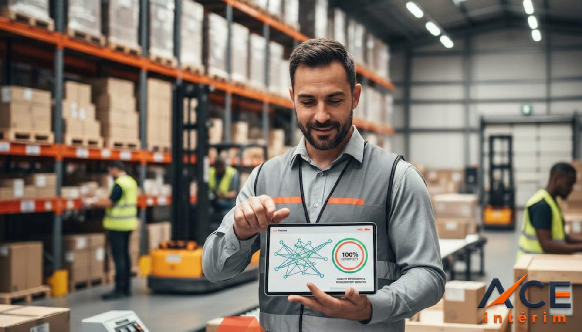 Un logisticien consulte une tablette dans un entrepôt animé.
