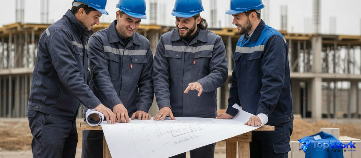 Ouvriers roumains et français discutent d'un plan sur chantier.