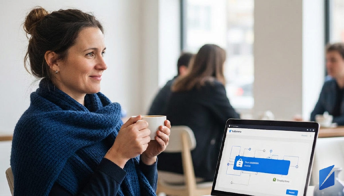 Entrepreneur uses laptop with Volteruno dashboard for automated Shopify posts.