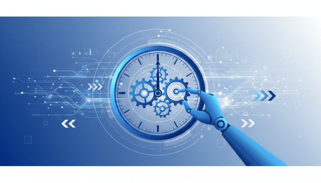Robotic arm managing a clock, symbolizing time-saving automation.
