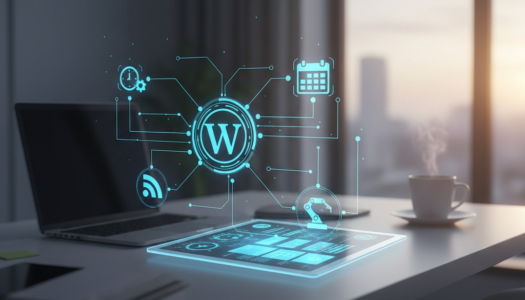 Gears and code elements symbolizing WordPress blog automation systems.