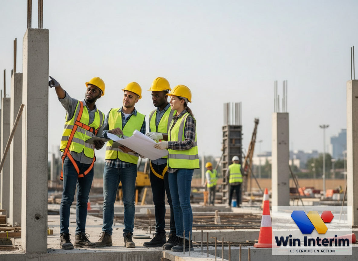 Équipe de travailleurs du BTP collaborant sur un chantier moderne.