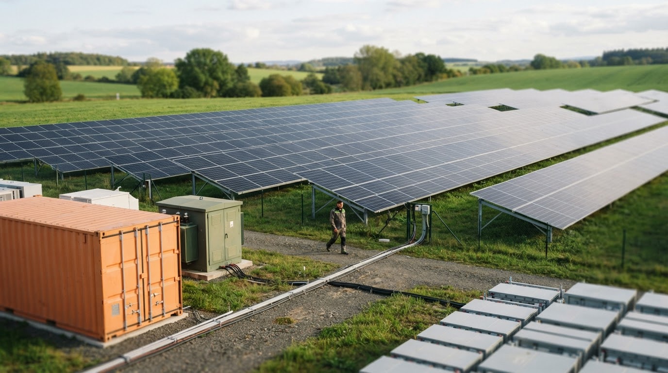 Detailní pohled na systém bateriového úložiště energie v technické místnosti.