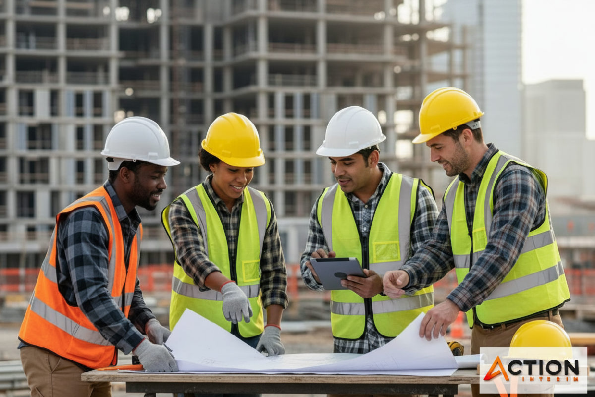 Une équipe multiculturelle travaille ensemble sur un chantier.