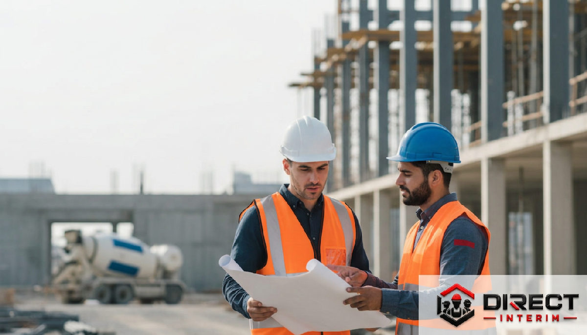 interim direct - Un chef de chantier avec un intérimaire qualifié sur un chantier moderne.