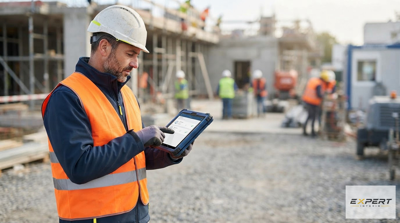 Un chef de chantier utilisant une tablette pour valider les heures d'équipe.
