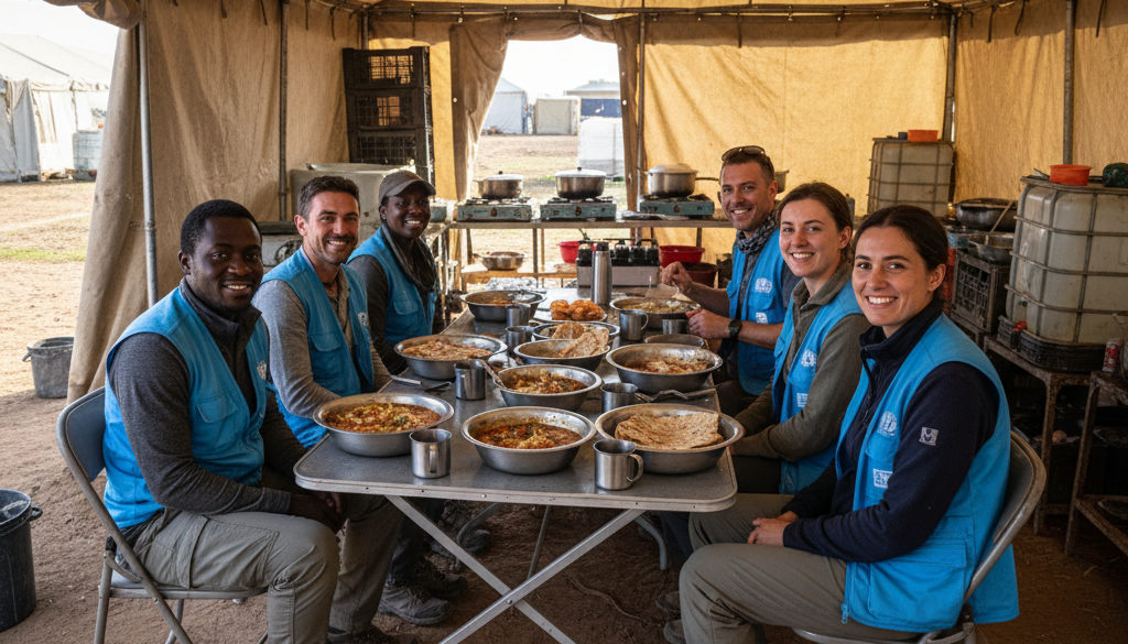 Employés du HCR partageant un repas dans une cuisine de terrain.