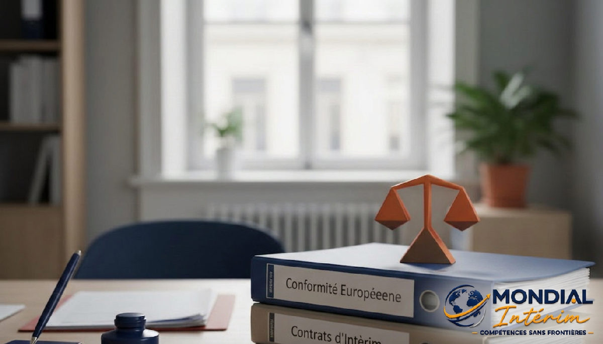 Bureau de gestion avec documents de conformité européenne et contrats d'intérim.