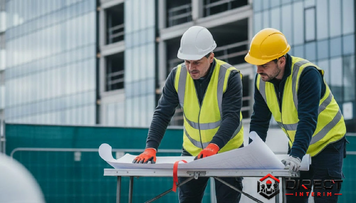 checklist légale agence intérim roumanie - Chantier de construction avec ouvriers en sécurité.