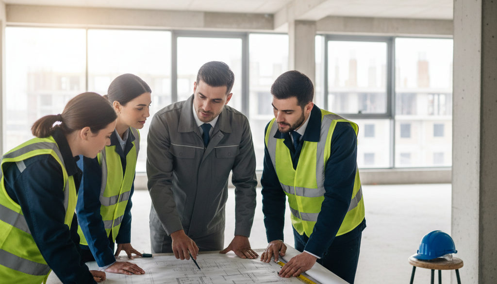 Ingénieurs et techniciens roumains analysant des plans.
