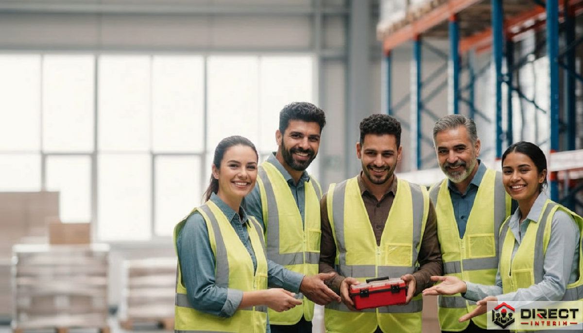 Travailleurs souriants dans un entrepôt, ambiance de travail positive.