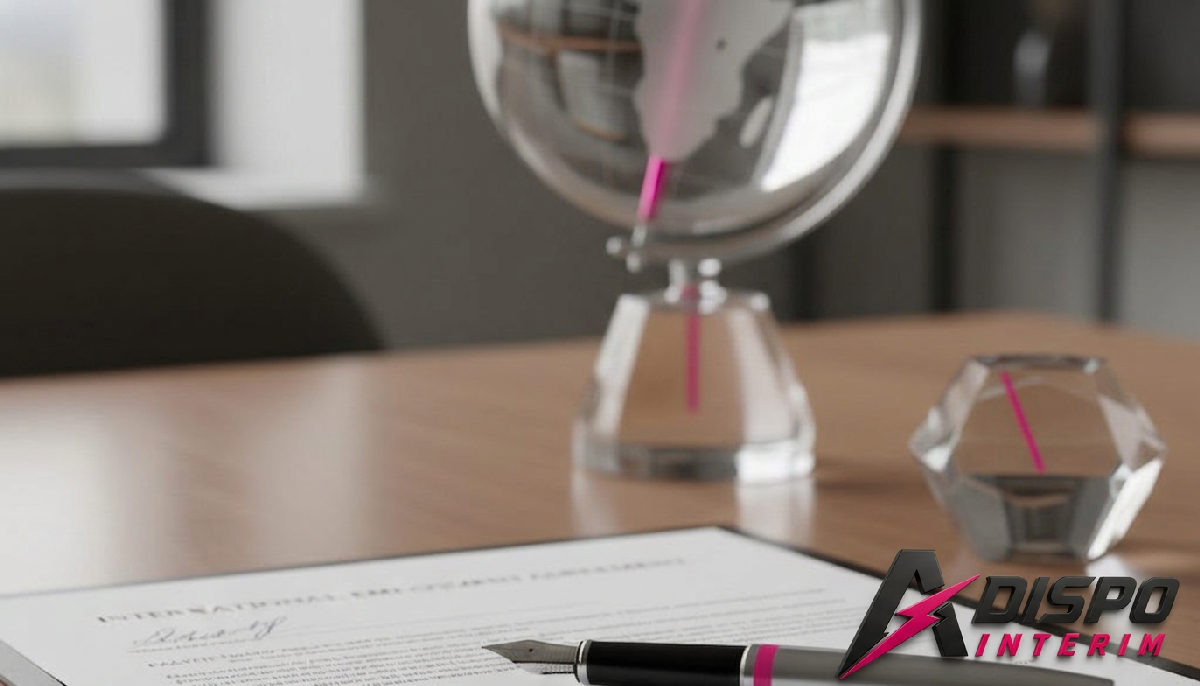 Contrat de travail international signé, avec un globe en arrière-plan.