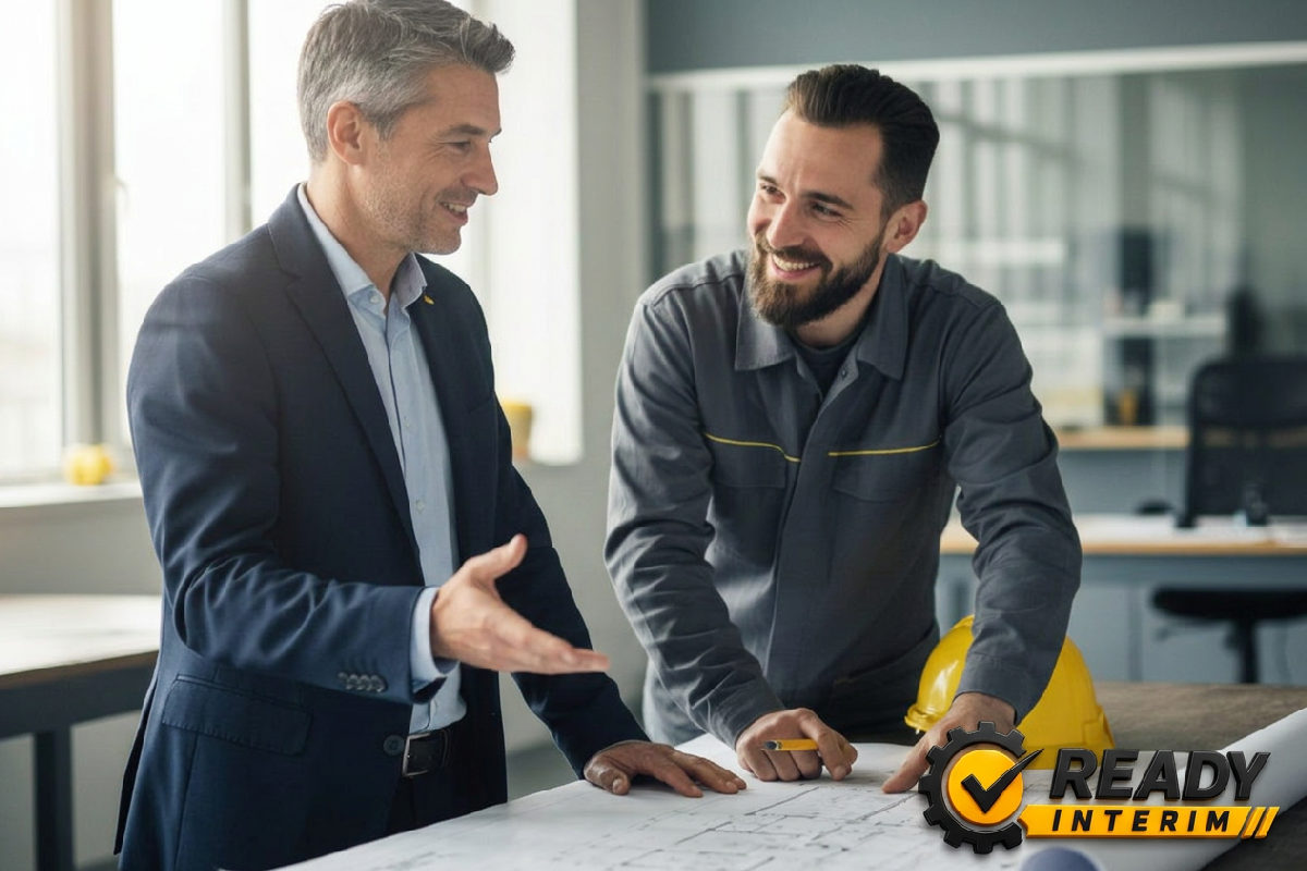 Manager français et technicien roumain discutant d'un plan.