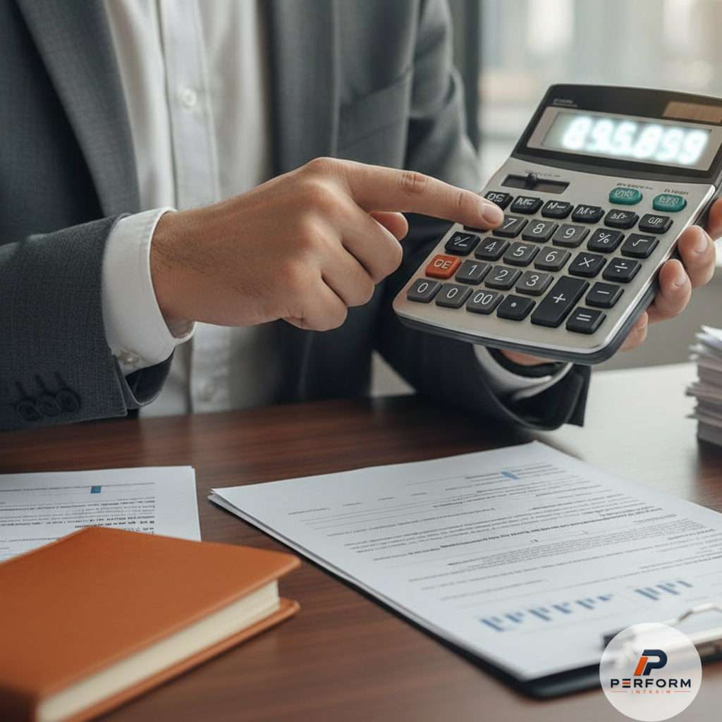 Comptable avec calculatrice et documents d'intérim.