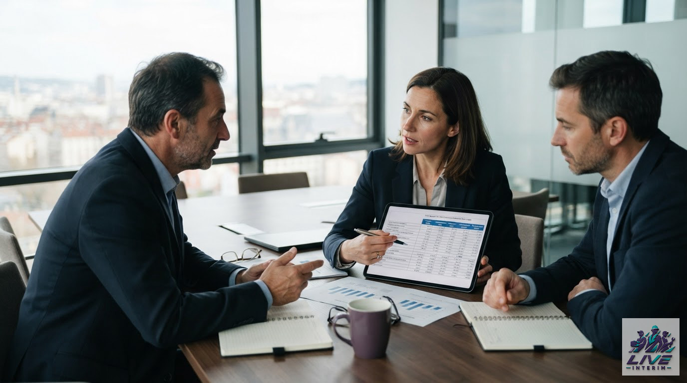 Managers en salle de réunion comparant les coûts de main-d'œuvre entre pays.