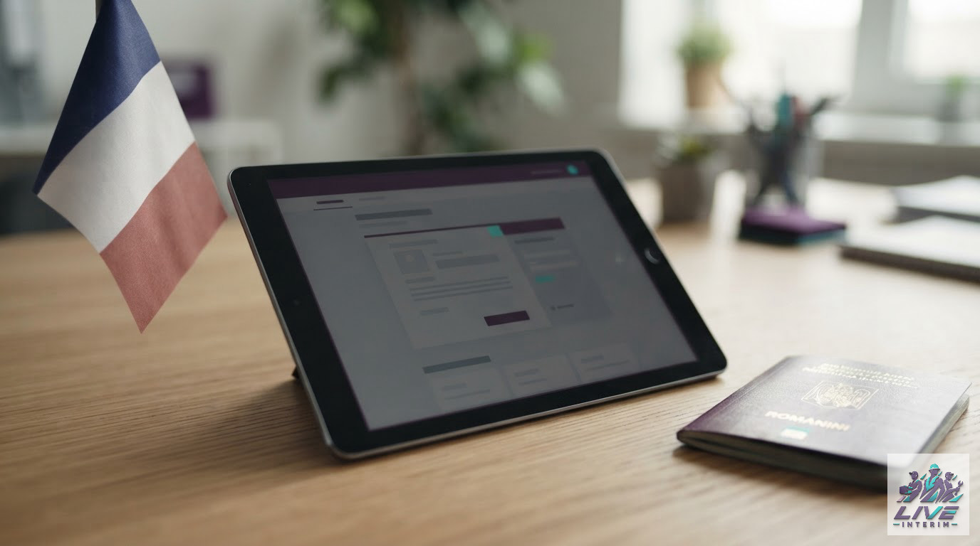 Une tablette affichant le portail SIPSI avec un passeport roumain à proximité.